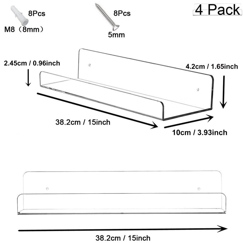 Cerpourt Acrylic Floating Wall Ledge Shelf, Wall Mounted Nursery Kids Bookshelf, Invisible Spice Rack, Clear Bathroom Storage Shelves Display,Acrylic 15" Invisible Bookshelf, Set of 4 - Image 2